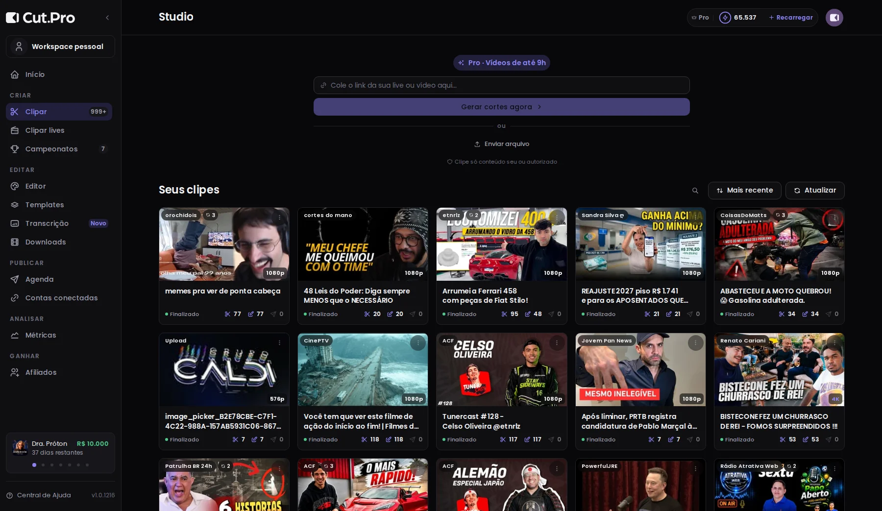 Cut.Pro's clip generation screen, with the clipping strategy and the stretch of video to analyze.