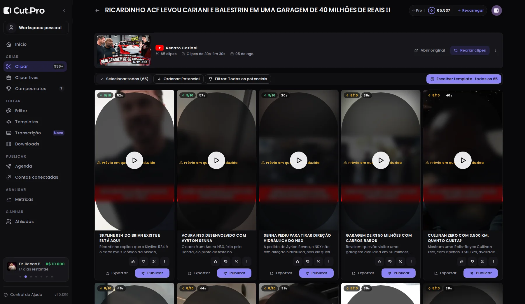 Cut.Pro's gallery of finished clips, each with a potential score and a publish button.