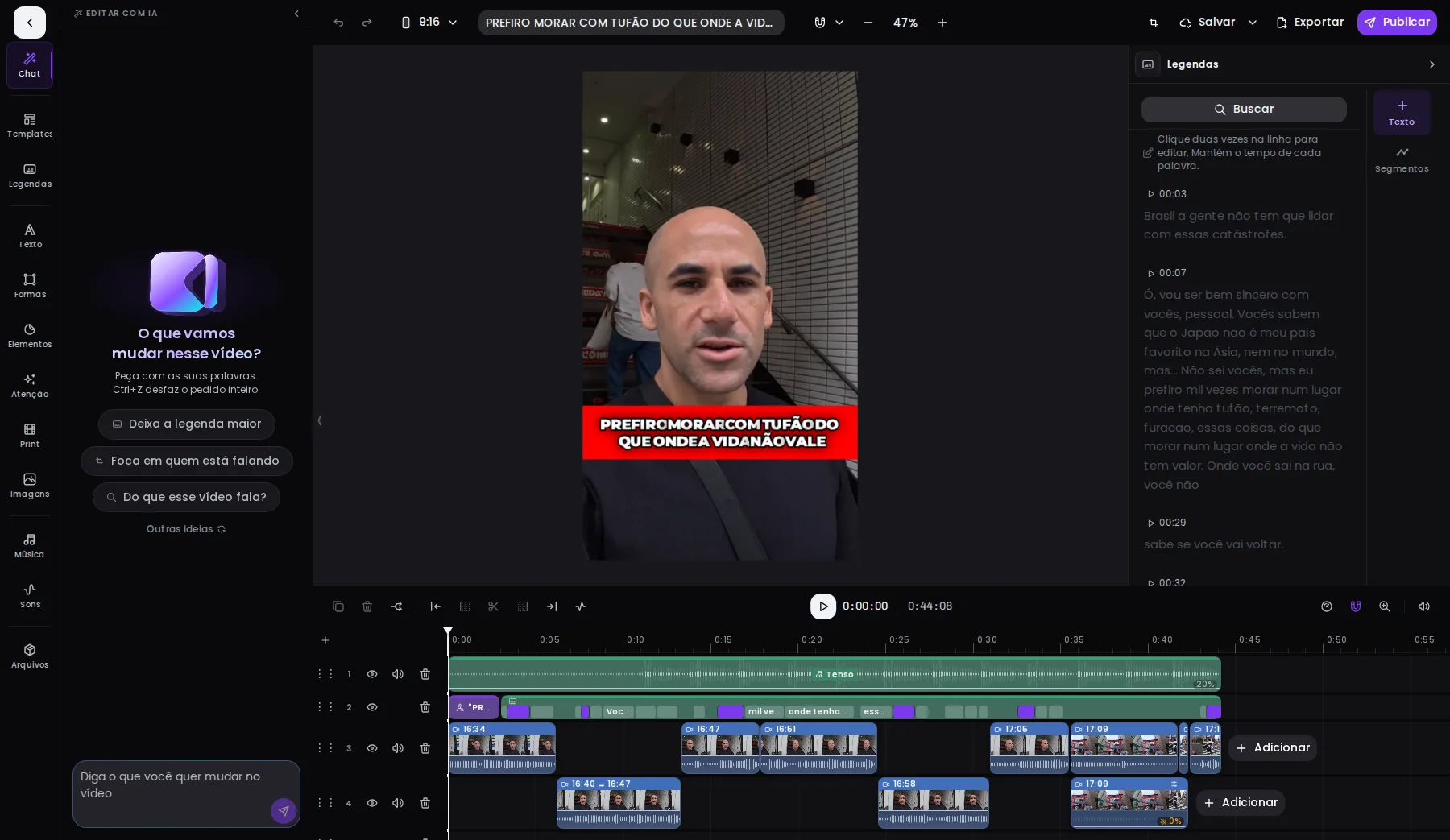 Cut.Pro's editor, with the vertical preview, the timeline and the captions panel.